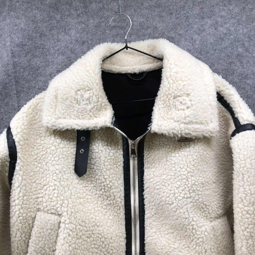 Zara Fleece Biker Jacket Womens S Ivory Faux Shearling Oversized Aviator - Picture 3 of 9